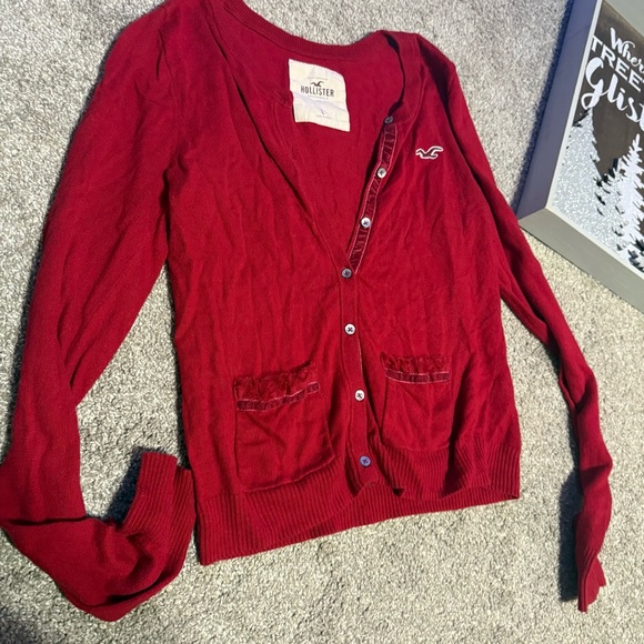 Hollister Sweaters - Hollister Co. Women's Red and Burgundy Cardigan velvet & lace fringe details